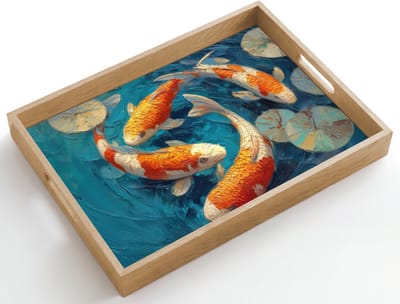 Dienblad hout 50x35 cm - Schootdienblad - Vissen - Waterlelies - Oranje - Water - Borrelplank rechthoek - Plateau dienbladen