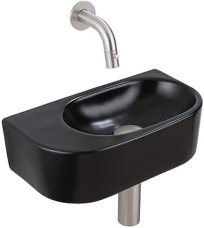 QeramiQ Fuente Fonteinset - 40x21.5x12cm - glad - halfrond - keramiek - fonteinkraan geborsteld rvs - afvoerplug - verlaagd sifon - zwart mat