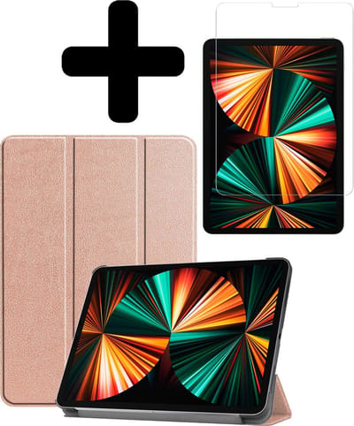 Hoes - Geschikt voor Apple iPad Pro (2021) - 11 inch - 3e generatie - Met Screenprotector - Trifold Bookcase - Hard Cover - Hardcover Book Case - Tablet Hoesje - Rosé goud