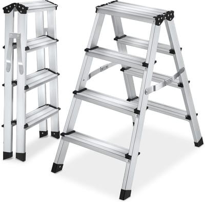 tectake® Dubbelzijdige Aluminium Keukentrap - 4 Treden - 77,5 cm - Stevige Trap Ladder - Opklapbaar Opstapje - Antislip Huishoudtrap