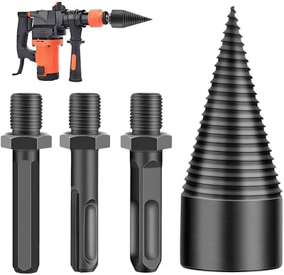 Houtsplitser met Conische Boor van 38 mm en 3 Aansluitstangen voor Houtbewerking en Snijden