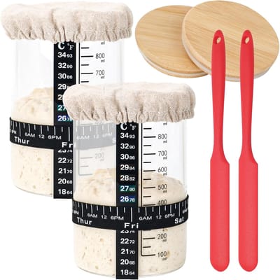 Famanu – Zuurdesem Starter Kit Zuurdesem Starter Jar met Datum Gemarkeerde Voedingsband - Thermometer - Doek Cover & Metalen Deksel