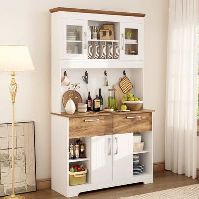 MODFU Buffetkast - Met Vitrinekasten En 2 Laden - Modern - Voor Keuken Of Eetkamer - Spaanplaat - Wit En Natuurlijke Houtkleur - 106 X 39 X 176,5 Cm