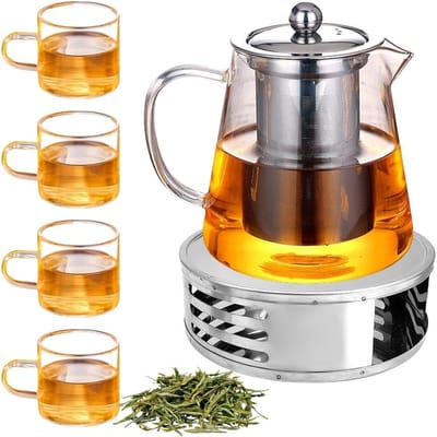 Glazen theepot met 4 glazen set, 1300 ml met zeef en thee-verwarming, ideaal voor thee en kruideninfusies