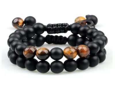 EmmyRovi Kralenarmband Set Zwart Bruin-Goud – 2 Armbanden – Verstelbare Armband met Tijgeroog-Look Kralen – Stoere Sieraden Set voor Hem en Haar
