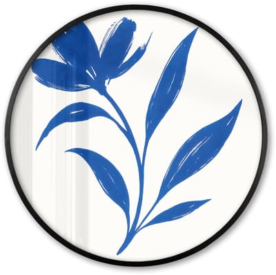 Poster in lijst Rond - Fotolijst 60x60 cm - Posters - Bloem - Blaadjes - Minimalistisch - Blauw - Ronde posterlijst zwart - Decoratie - Wanddecoratie woonkamer - Muurdecoratie slaapkamer