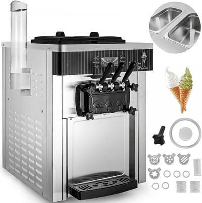 Softijsmachine - Tafelmodel IJsmachine - Vermogen 2200 W - Dubbele 6 L Reservoirs - Spanning 220 V - Roestvrij staal - Met hoorntjeshouder - Wit