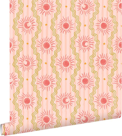 ESTAhome behang zonnetjes roze, rood en groen - 50 x 900 cm - 131713