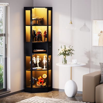 OKWISH Vitrinekast – Met Glazen Deuren En Ledverlichting – 57x40x165 cm – 5 Niveaus – Opbergen En Presenteren – MDF Glas Zwart