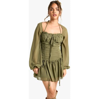 boohoo Dames Petite Chiffon Gerafelde Melkvrouw Skaterjurk | Olijf | Maat: 36