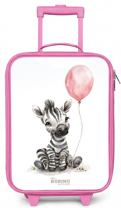 NoBoringSuitcases.com® - Kinderkoffer roze - Kindertrolley meisje - Zebra met roze ballon - Koffer kind lichtgewicht - Reiskoffer trolley voor kinderen - Koffertje met lichtgevende wieltjes - Rolkoffer