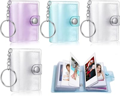 Set van 4 Mini Fotoalbums, Kleine Foto Sleutelhangers, 5 cm Fotoalbums met 18 Compartimenten voor Sleutelhangers en Kaarthouders in 4 Kleuren, Perfect voor Herinneringen en Cadeaus