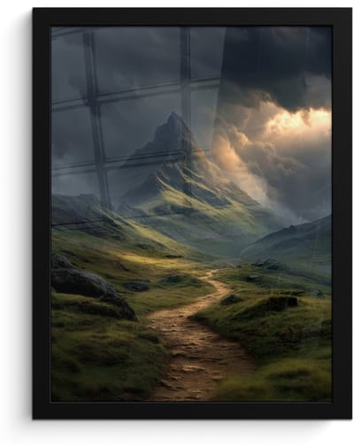 Poster in lijst - Fotolijst 30x40 cm - Posters - Bergen - Kronkelpad - Groen - Wolken - Posterlijst zwart - Decoratie - Wanddecoratie woonkamer - Muurdecoratie slaapkamer