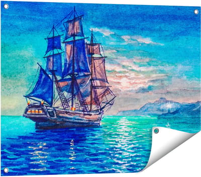 Gards Tuinposter Oude Piratenschip Zeilboot Getekend - 80x60 cm - Tuindoek - Tuindecoratie - Wanddecoratie buiten - Tuinschilderij