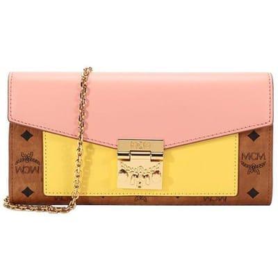 MCM Patricia Visetos Monogram Kleurblok Leer Schouder Crossbody Tas Kettingtas Regelmatige Dames tassen Roze Geel Bruin MYLBSPA01O8001 Basic Set (Bag+Dust Bag) yellow