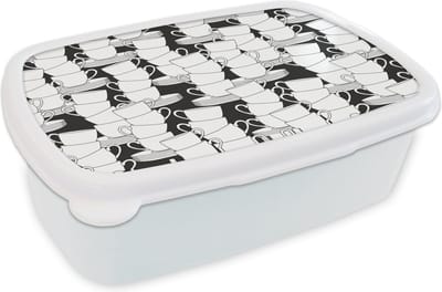 Broodtrommel Wit - Lunchbox - Brooddoos - Patronen - Zwart wit - Kopjes - Thee - 18x12x6 cm - Volwassenen