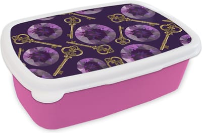 Broodtrommel Roze - Lunchbox - Brooddoos - Edelsteen - Patronen - Goud - Sleutel - 18x12x6 cm - Kinderen - Meisje