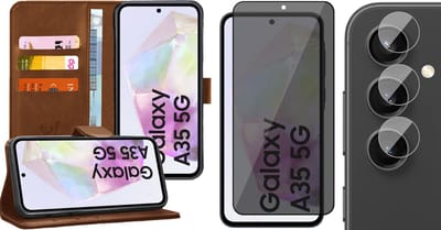 Hoesje geschikt voor Samsung Galaxy A35 - Privacy Screenprotector Volledig Dekkend Glas & Camera - Portemonnee Book Case Bruin