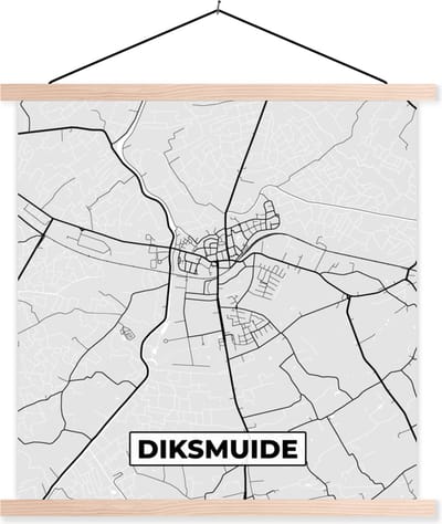 Posterhanger incl. Poster 40x40 cm - Schoolplaat - Kaart – Plattegrond – Stadskaart – Diksmuide – België – Zwart Wit - Textielposter - Blanke latten - Stadskaart
