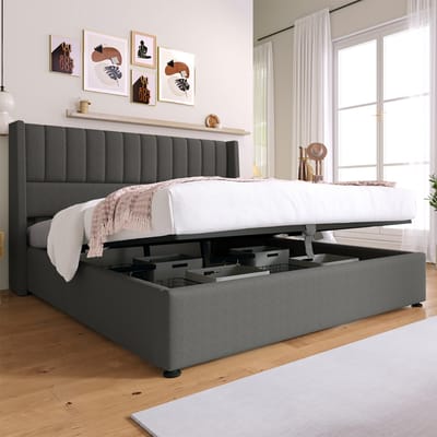 KOMHTOM Tweepersoonsbed 140x200 cm Opbergbed Hydraulisch met metalen lattenbodem Linnen Grijs