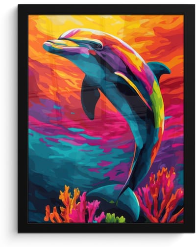Poster in lijst - Fotolijst 30x40 cm - Posters - Dolfijn - Kleurrijk - Oceaan - Koraal - Posterlijst zwart - Decoratie - Wanddecoratie woonkamer - Muurdecoratie slaapkamer