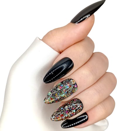 SD Press on Nails - B-168 - Plaknagels met nagellijm - Lang Stiletto Kunstnagels - Zwart Glitter - Set 20 Nagels - Handmade - Gellak - Accessoires Feestdagen - Nagelset - Nageltips - Lange nagels