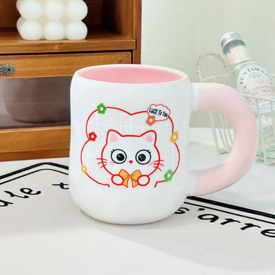 Kattenbeker Huishoudset Hittebestendige Waterbeker met Deksel Lepel Cartoon Mok Hoog Uiterlijk Grote Capaciteit Keramische Beker 480ML