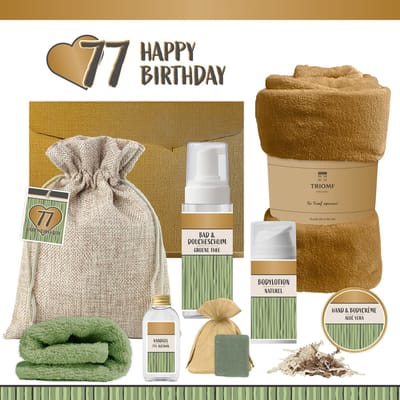 Geschenkset “77 Happy Birthday” - 8 producten - 1140 gram - Triomf Cosmetica | Luxe wellness Cadeaubox voor haar Giftset Feestje Verjaardag Zevenenzeventig jaar Cadeau Pakket Gefeliciteerd Verjaardagscadeau Vrouw Seventy-seven Years Hartje Goud Groen