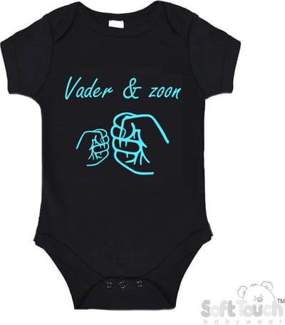 100% katoenen Romper "Vader & zoon Boks" Unisex Katoen Zwart/aquablauw Maat 62/68 Vaderdag