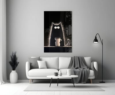 Glasschilderij – Grappige Kat met Koffie – Minimalistische Wanddecoratie - 90 x 60 cm