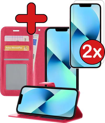 Hoesje - Met 2x Screenprotector - Geschikt voor Apple iPhone 14 - Luxe Pasjeshouder - Flip Case - Bookcase Portemonee - Kunstleer Book Case - Flipcase Hoes - Book Cover - Walletcase - Portemonneehoes - Telefoonhoes - Donkerroze