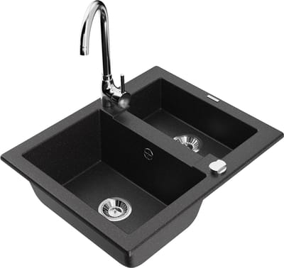 Mexen Carlos granieten gootsteen 1,5-kamer met Telma keukenkraan, zwart/zilver metallic - 6518-73-670200-00