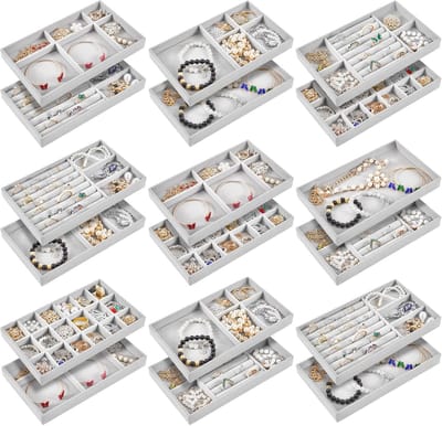 Famanu - Fluwelen Sieraden Lade Organizers Set 18 stuks Grijs, stapelbare trays voor oorbellen en armbanden, sieraden lade verdeler en display opbergdoos