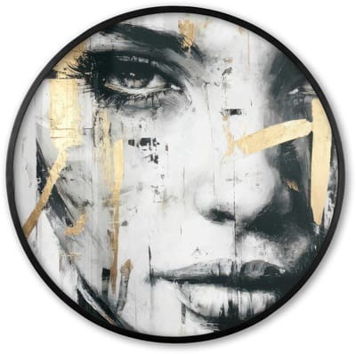 Poster in lijst Rond - Fotolijst 60x60 cm - Posters - Portret - Vrouw - Penseelstreken - Goud - Ronde posterlijst zwart - Decoratie - Wanddecoratie woonkamer - Muurdecoratie slaapkamer