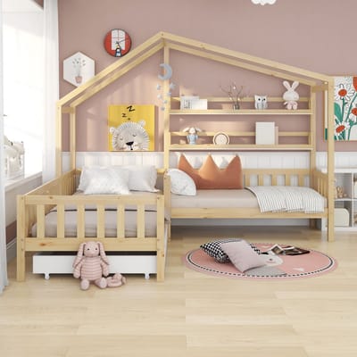 VVBV Huisbed 90x200 cm - Lades, USB, Planken, Lattenbodem, Uitvalbeveiliging, Huisdesign - Massief Hout Naturel