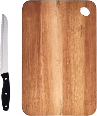 Rechthoekige acacia houten snijplank 41 cm inclusief RVS Broodmes 33 cm - Huis en wonen - Keuken en bestek