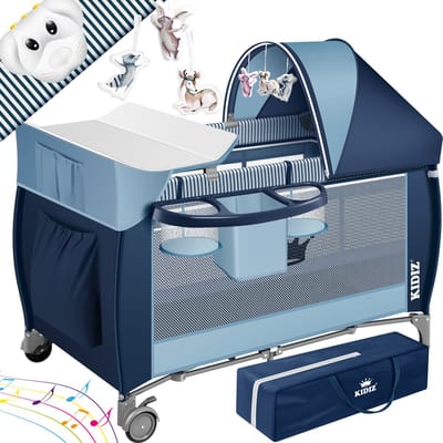 KIDIZ® Campingbedje Reisbedje Reiswieg Babybedje 3 in 1 Combi Set Ledikant met Verschoningsmatje Klamboe Kinderbox Baby vanaf de geboorte tot 15 kg Luchtige zijwanden met zijingang Opvouwbare Draagtas - Blauw