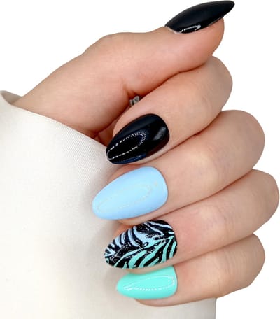 SD Press on Nails - B-193 - Plaknagels - Nagelset 20 Nagels - Blauw - Gellak - Nagellak - XS Stiletto Nageltips - Nepnagels met Lijm - Kunstnagels - Nail Art - Handmade - Valse nagels - Nagelvijl - Accessoires