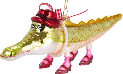 BRUBAKER Grappige Krokodil met Hoed en Schoenen - Handbeschilderde Kerstbal van Glas - Handgeblazen Kerstboomversieringen Figuren Deco Hangers Boombal - 20 cm