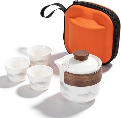 Chinese Gongfu Theeset, 200 ml, Draagbare Keramische Theepot, Premium Porselein Theeset voor Thuis, Kantoor en Reizen, Wit- Oranje, Ideaal voor Theeliefhebbers en Cadeaus