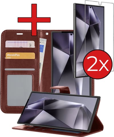 Hoesje - Met 2x Screenprotector - Geschikt voor Samsung Galaxy S24 Ultra - Luxe Pasjeshouder - Flip Case - Bookcase Portemonee - Kunstleer Book Case - Flipcase Hoes - Book Cover - Walletcase - Portemonneehoes - Telefoonhoes - Bruin