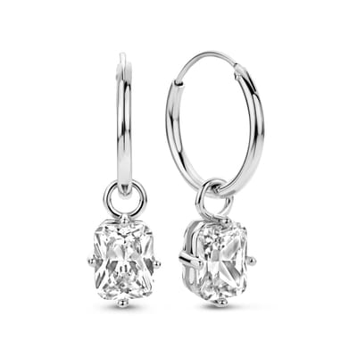 New Bling 9NB-1264 Zilveren Oorringen met hangertje - Kristal - Rechthoek - 8x6mm - Oorringen - 15x1,5mm - Oorbellen - Rhodium - Zilver