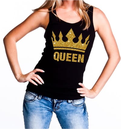Zwart Koningsdag Queen tanktop shirt/ singlet met gouden glitters dames - Zwart Koningsdag kleding S