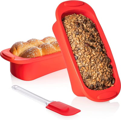 Siliconen bakvorm box set van 2 met recepten & deegschraper (22 cm) - siliconen vorm rechthoekig voor brood & gebak - broodbakvorm & cakevorm - broodbakvormen