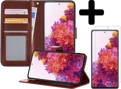 Hoesje - Met Screenprotector - Geschikt voor Samsung Galaxy S20 FE - Luxe Pasjeshouder - Bookcase Portemonee - Flip Case - Kunstleer Book Case - Flipcase - Book Cover - Walletcase - Portemonneehoes - Telefoonhoesjes - Bruin