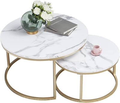 Set van 2 Salontafels Goud met Ronde Tafel en Bijzettafel - Moderne Woonkamermeubels