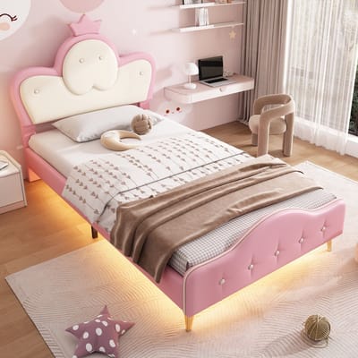 PHOEBE CAT Kinderbed - 90x200 cm - LED-lichtstrip - Kroonversiering - PU - Roze + wit