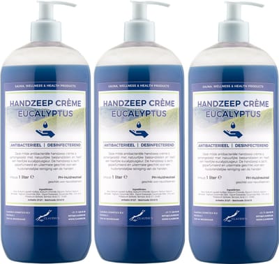 Handzeep Crème Eucalyptus 1 liter - set van 3 stuks - met gratis pomp - Voordeelverpakking