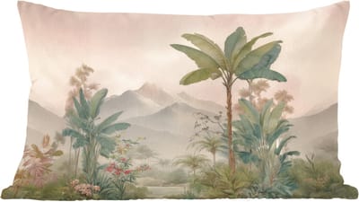 Sierkussens - Kussentjes Woonkamer - 60x40 cm - Tropisch landschap - palmbomen - Bloemen - Roze lucht