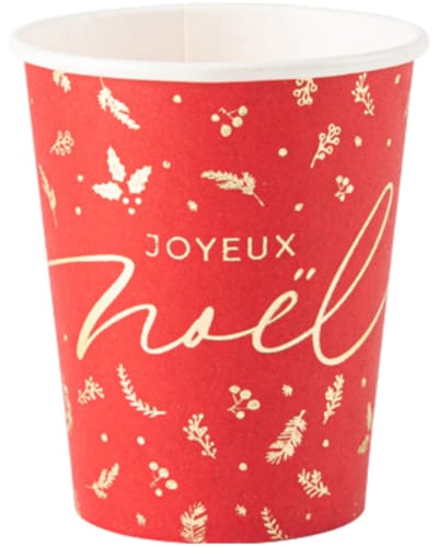 ARTYFETES - 8 rode en gouden Holly Christmas bekers 255 ml van karton vrolijk kerstfeest